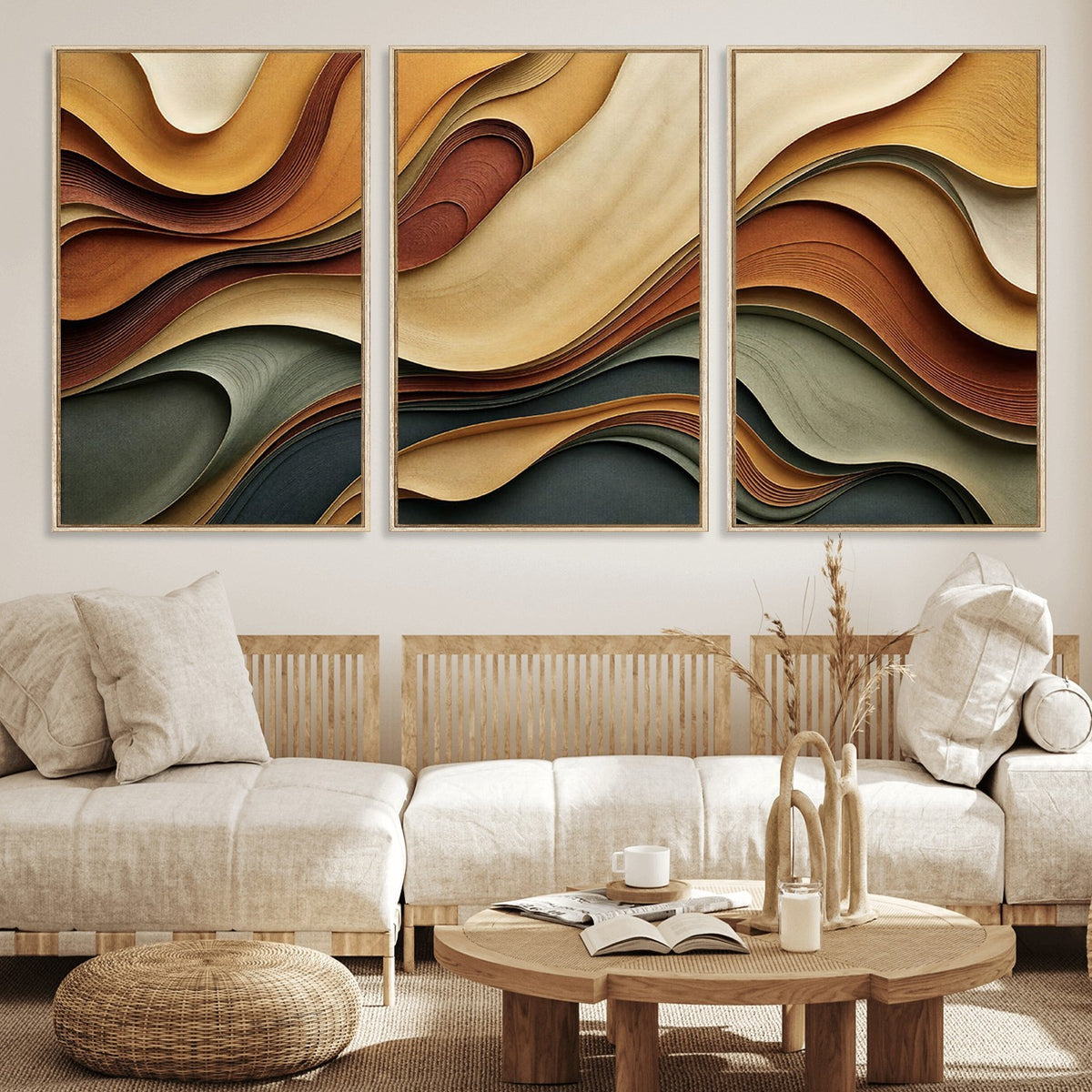 19337902-_Poster-30x20 - Modern Abstract Waves Canvas Wall Art - Minimalist Earthy Tone Living Room Decor