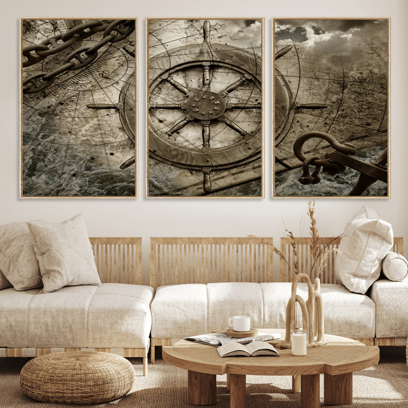 MGV-FC-60X30-3P - Wooden Ship Wheel Canvas Print, Multi Panel Canvas Wall Art Print
