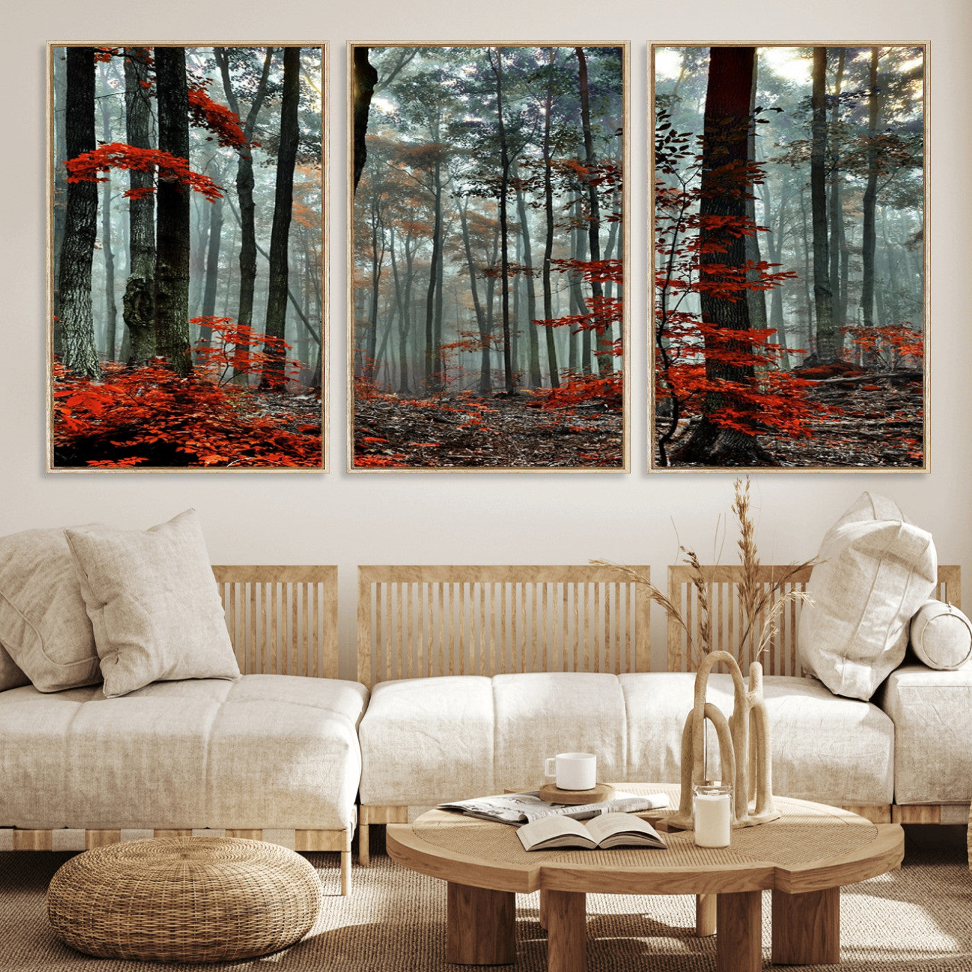 59209-MGV-CV-36X24-Autumn Forest Canvas Wall Art – Enchanting Red Leaves Triptych Print – Nature-Inspired Decor for Living Room or Office – Ready to Hang