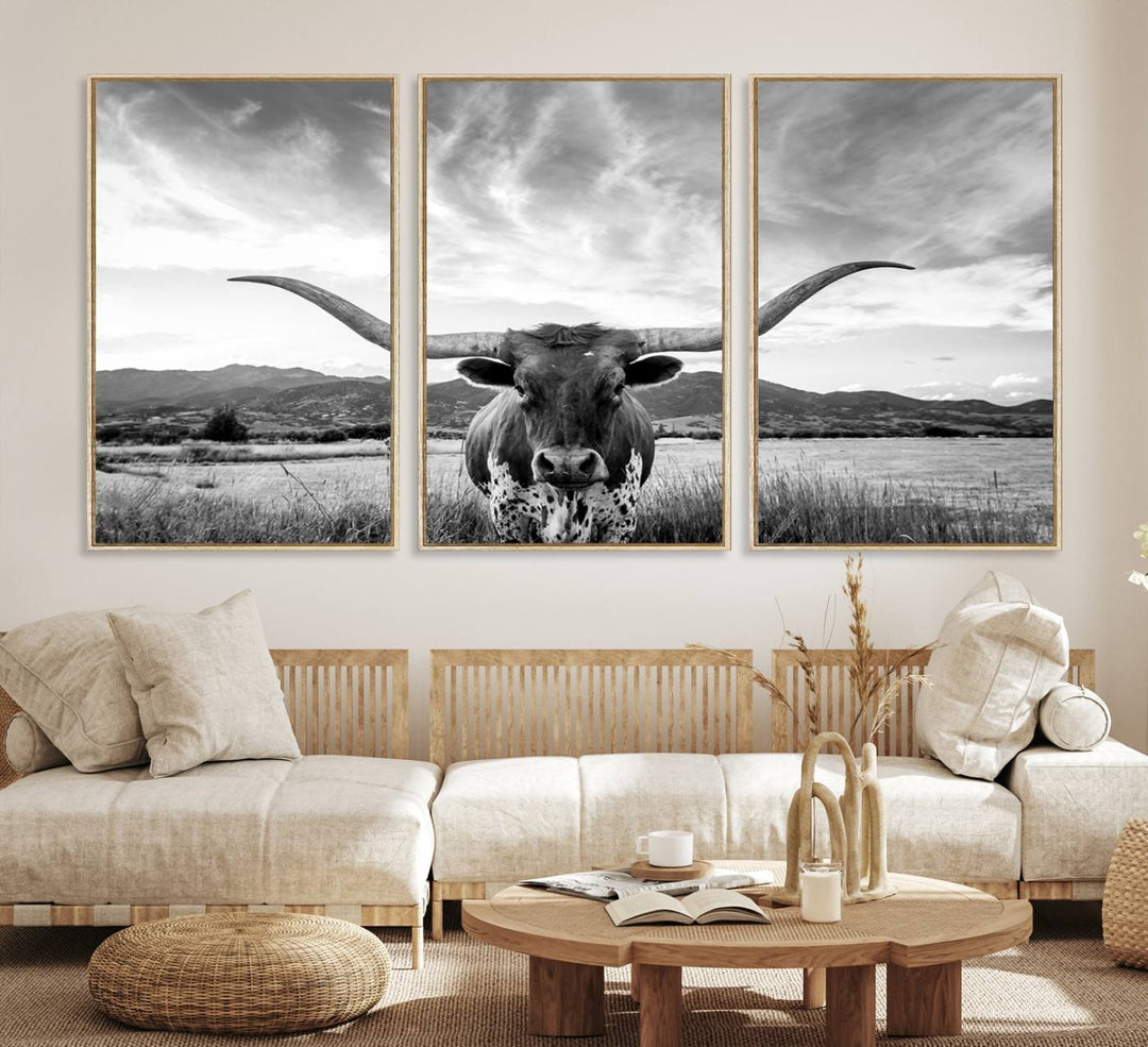 Longhorn Cow Wall Art Canvas Print Farmhouse Wall Art - Texas Longhorn Wall Art Print