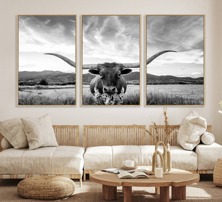 Modern living room featuring Longhorn Cow Wall Art Canvas Print.