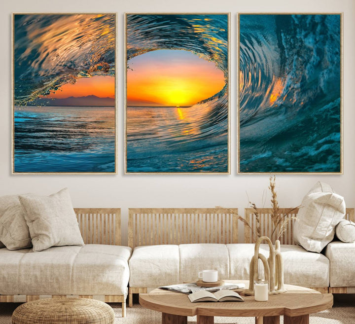 The Ocean Wave Sunset Wall Art canvas print features a vibrant ocean wave at sunset, forming a tunnel with silhouetted mountains.