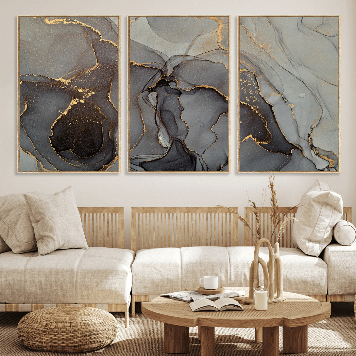 MGV-FC-60X30-3P - Gray Marble Fluid Effect Wall Art Abstract Canvas Wall Art Print