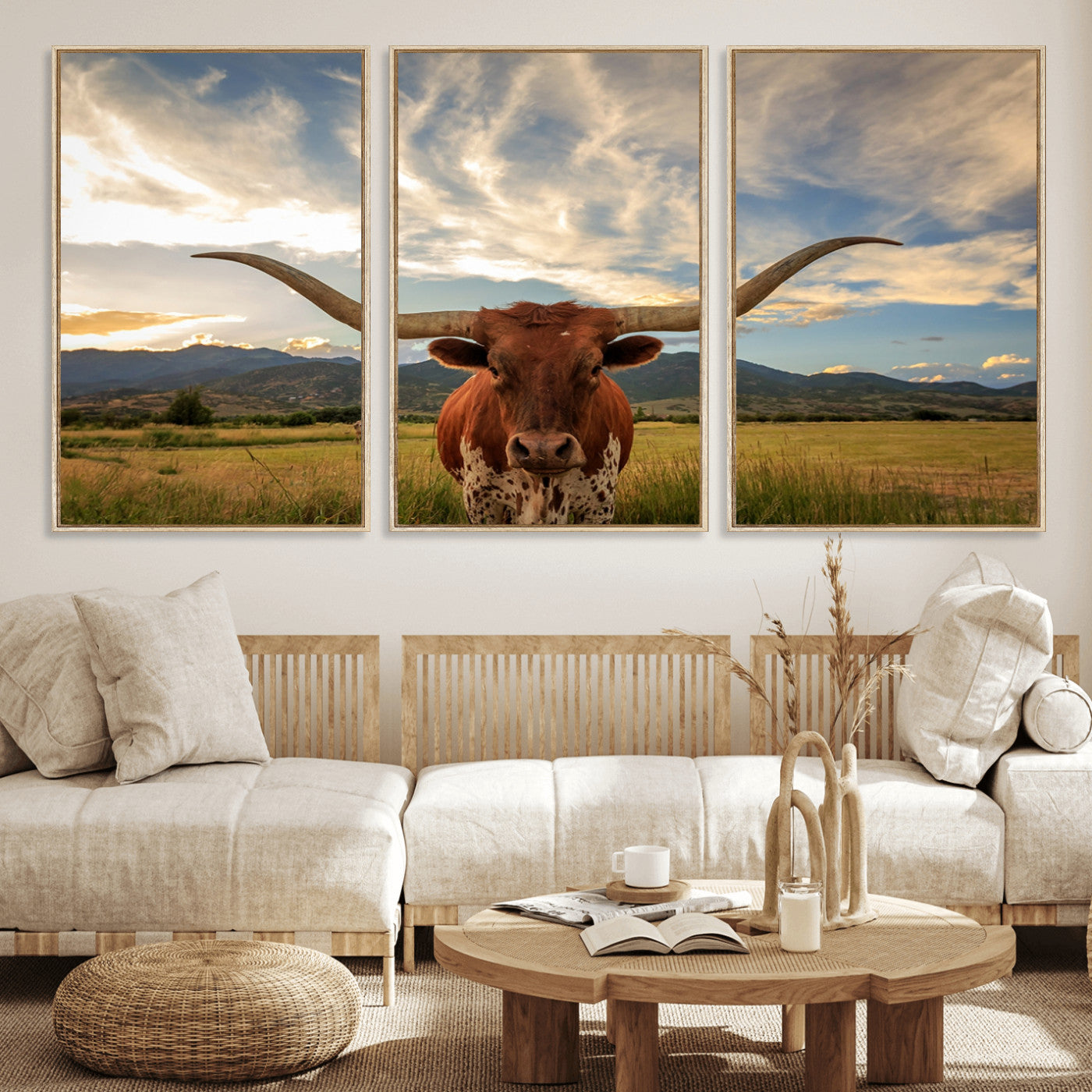 MGV-FC-60X30-3P - Texas Longhorn Canvas Wall Art – Majestic Triptych Animal Print – Rustic Western Decor for Living