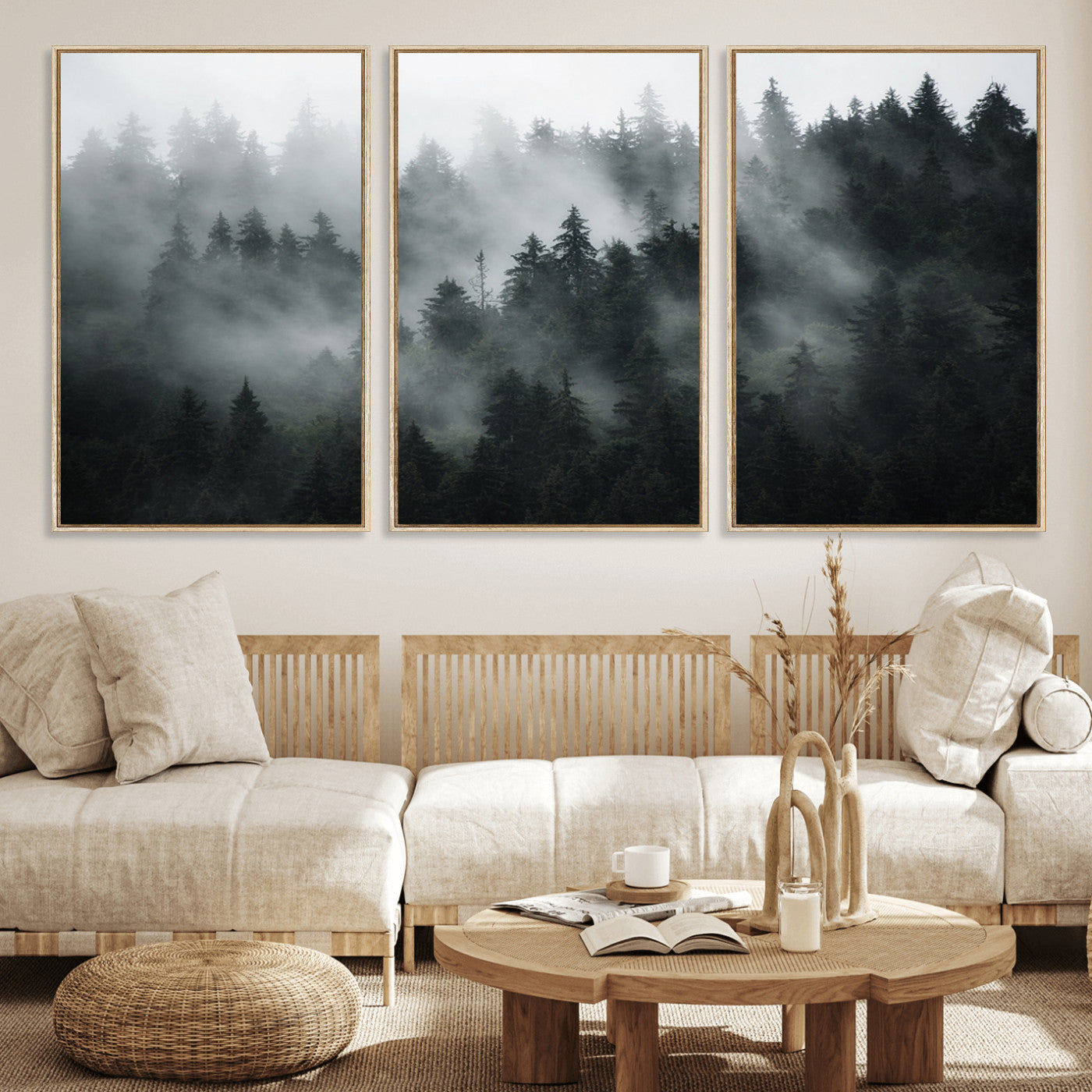 52359-MGV-CV-36X24-Foggy Forest Wall Art Canvas Print | 3 Panel Large Misty Landscape for Dining Room, Office, or Living Room | Ready to Hang Nature Deco