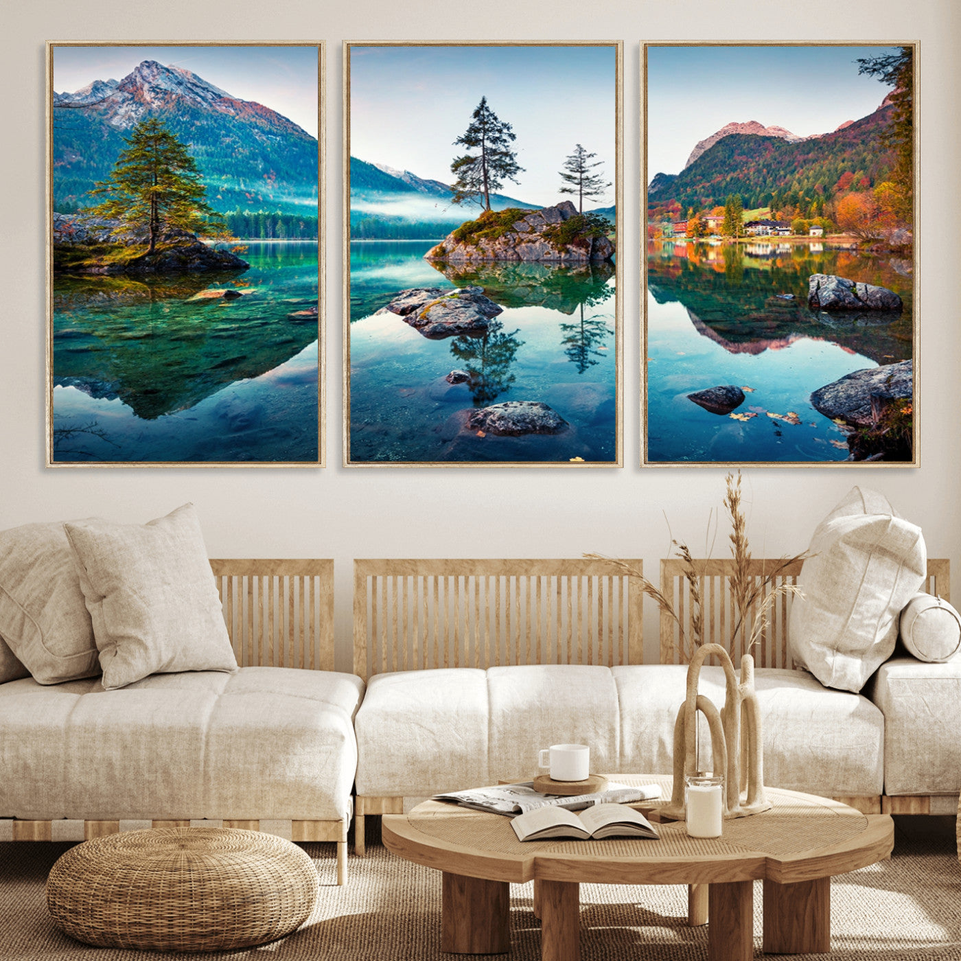 55009-MGV-FC-60X30-3P_Natural-Crystal Clear Lake Wall Art | Mountains Wall Art Canvas | 3 Panel Large Landscape Print for Dining