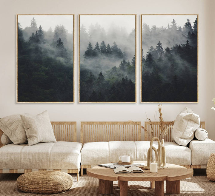 The Serene Triptych Print features tall evergreens, creating a mysterious and calming atmosphere.