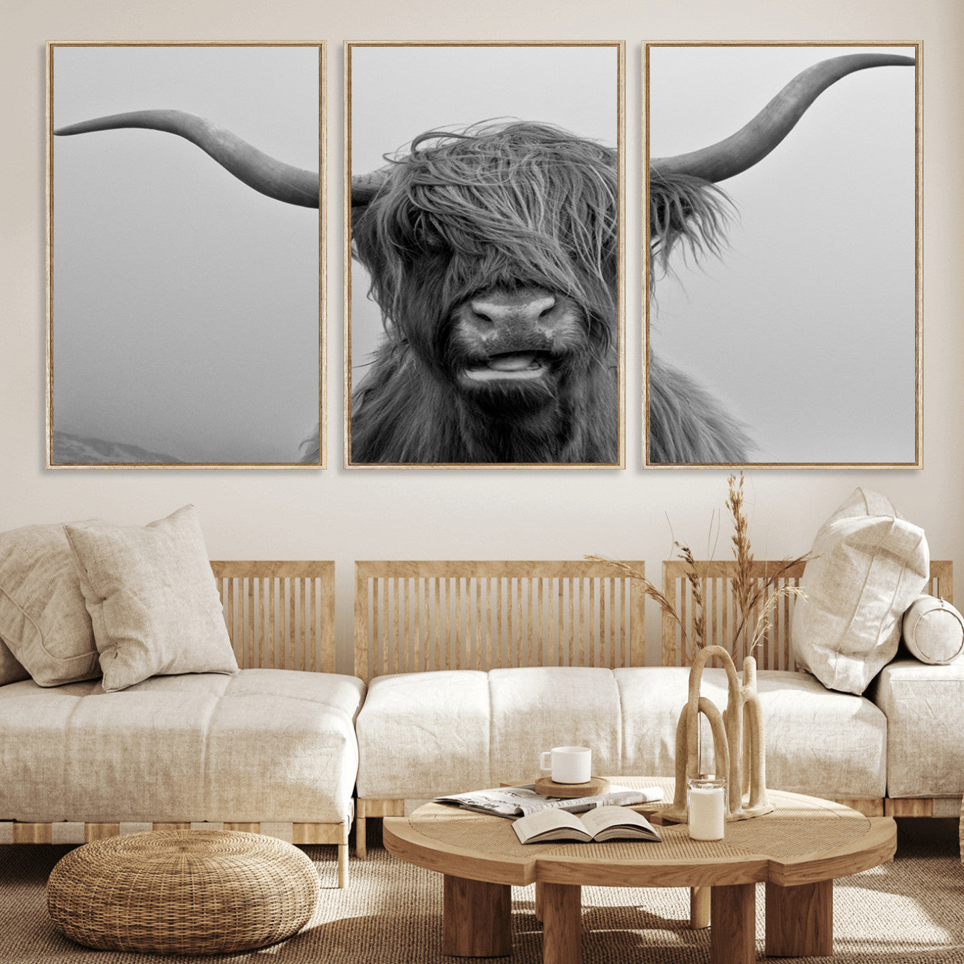 MGV-FC-60X30-3P - Texas Cow Wall Art Canvas, Texas Longhorn Cattle Canvas Print
