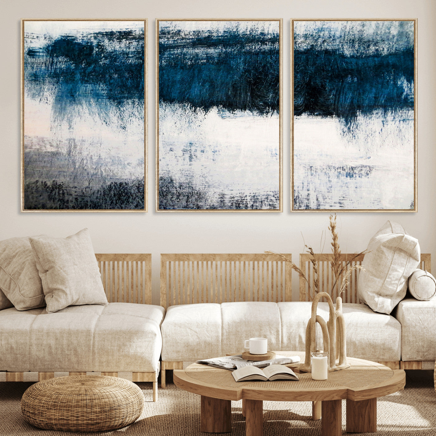 38954-MGV-CV-36X24-Abstract Blue and White Canvas Art | Large Wall Art for Modern Living Room Decor | Minimalist Brushstroke Painting on Canvas
