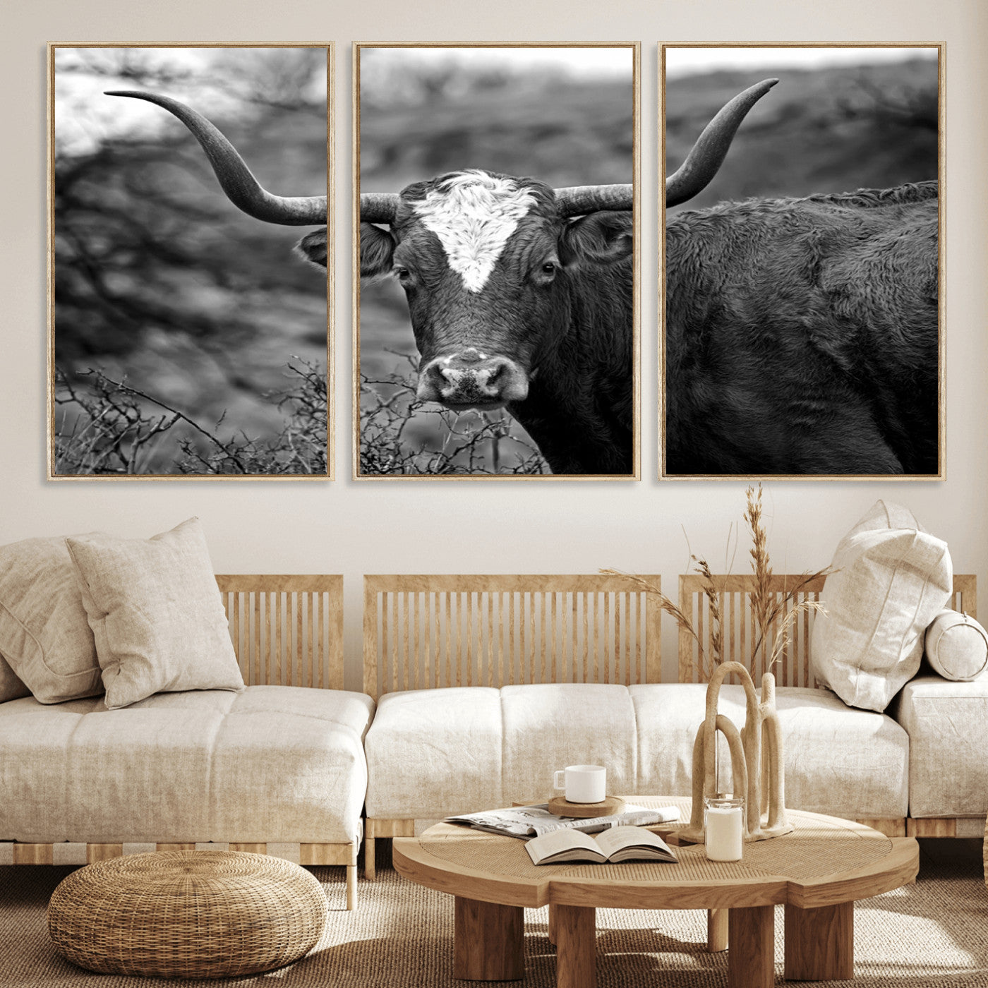 76200-MGV-CV-36X24-Western Home Wall Art Canvas Print, Framed Texas Longhorn Art Picture Print, Rustic Cow Perfect Rustic Farmhouse Decor Artwork
