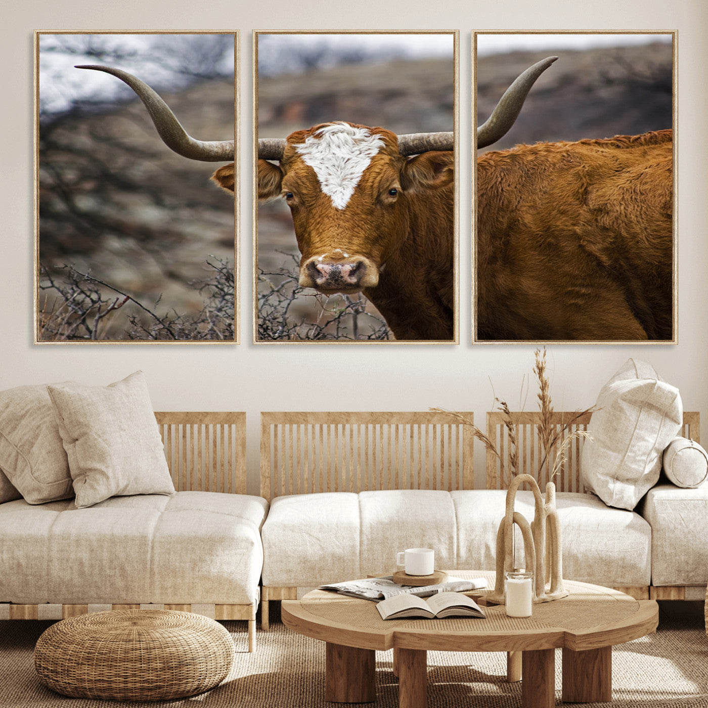 MGV-FC-60X30-3P - Texas Longhorn Canvas Wall Art - Longhorn Steer Canvas Wall Art Print- Rustic Western Animal Print,