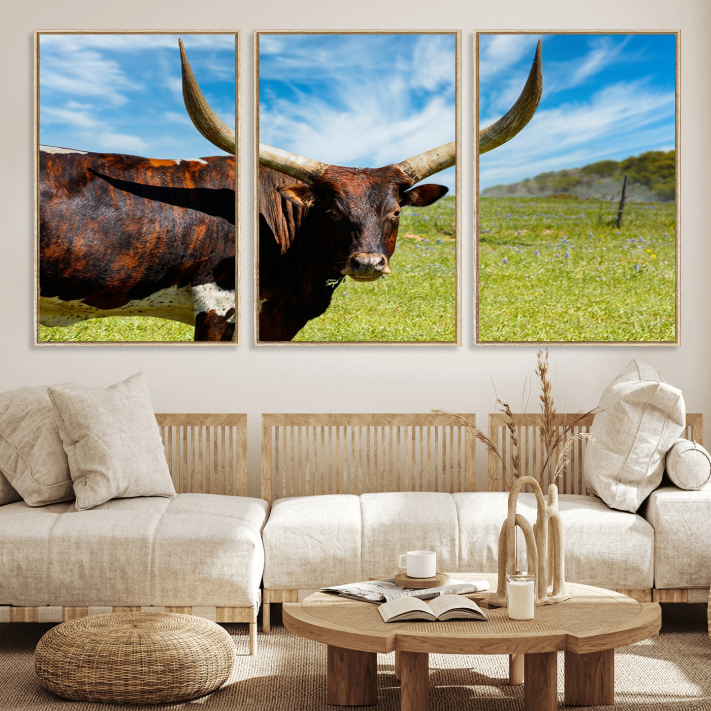 47037-MGV-CV-36X24-Longhorn and Cow Wall Art, Country Cow Wall Decor Canvas Print