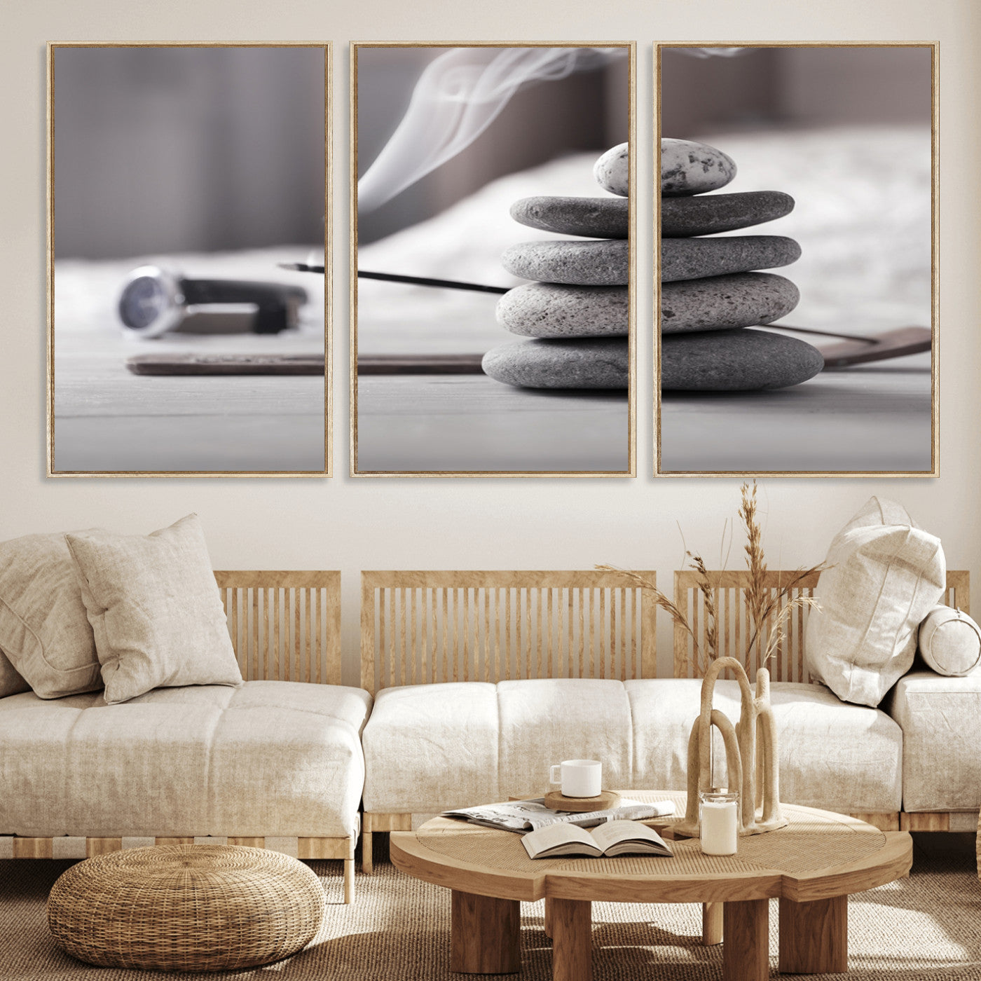 MGV-FC-60X30-3P - Burning Incense and Zen Stones Buddhism Wall Art, Zen Stones Wall Art Canvas Print