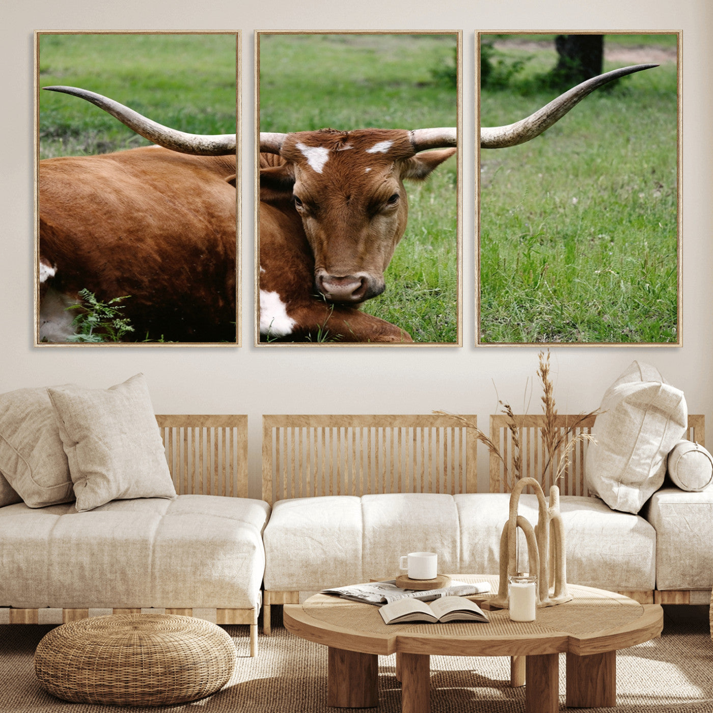 45997-MGV-CV-36X24-Longhorn Steer Canvas Wall Art – Rustic Nature Triptych Decor for Living Room or Office – Ready to Hang