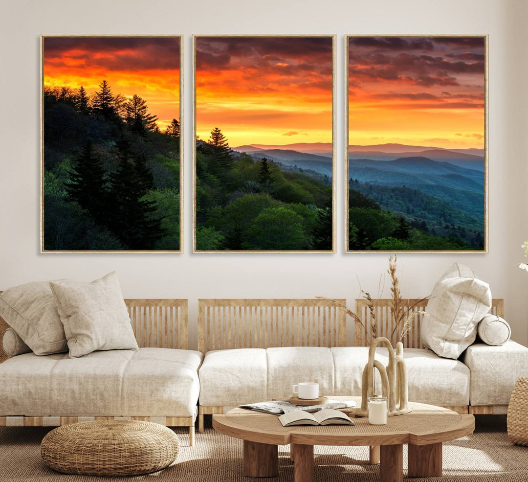 The Great Smoky Mountains Sunset Wall Art, a 3-panel print, beautifully captures natures beauty and is perfect for living room or office decor.