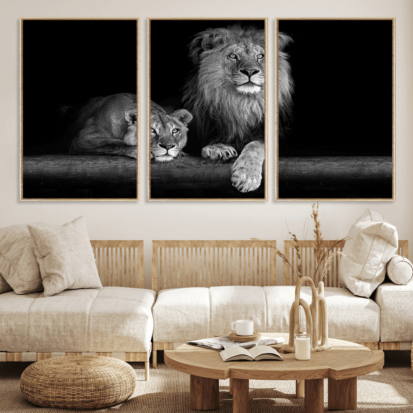MGV-FC-60X30-3P - Large Black and White Lion Couple Wall Art Canvas Print
