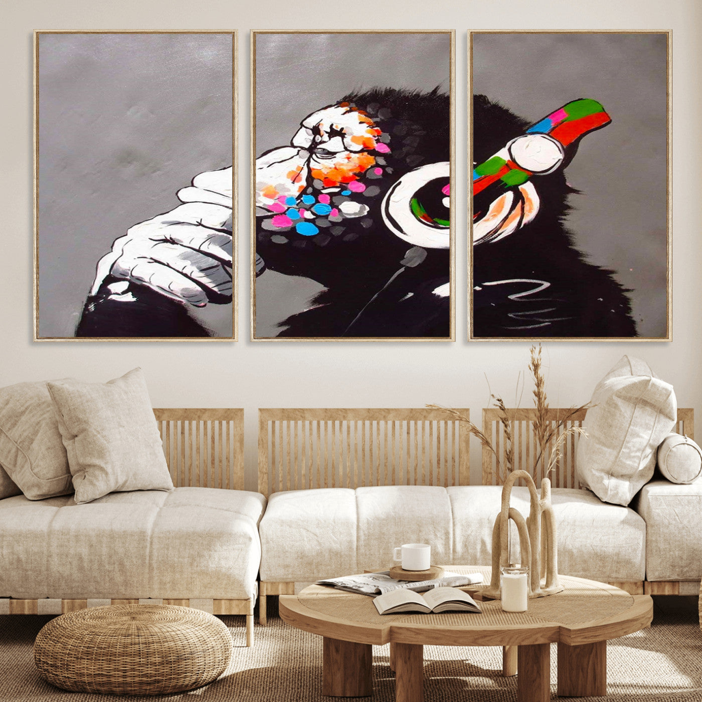 MGV-FC-60X30-3P - Dj Monkey Listening to Music Wall Art Print | Banksy Monkey Large Canvas Print for Living Room,