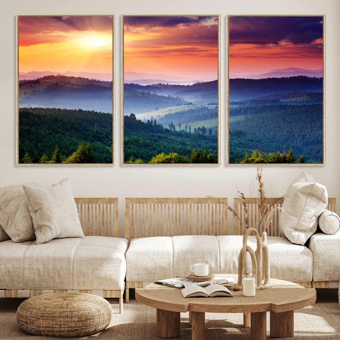 MGV-FC-60X30-3P - Beautiful Sunset over Hills Forest Landscape Canvas Wall Art Print