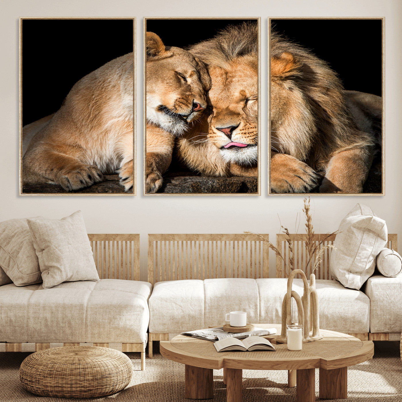 MGV-FC-60X30-3P - Lion and Lioness Wall Art Print Canvas | 3-Panel African Wildlife Canvas Print | Animal-Themed Art