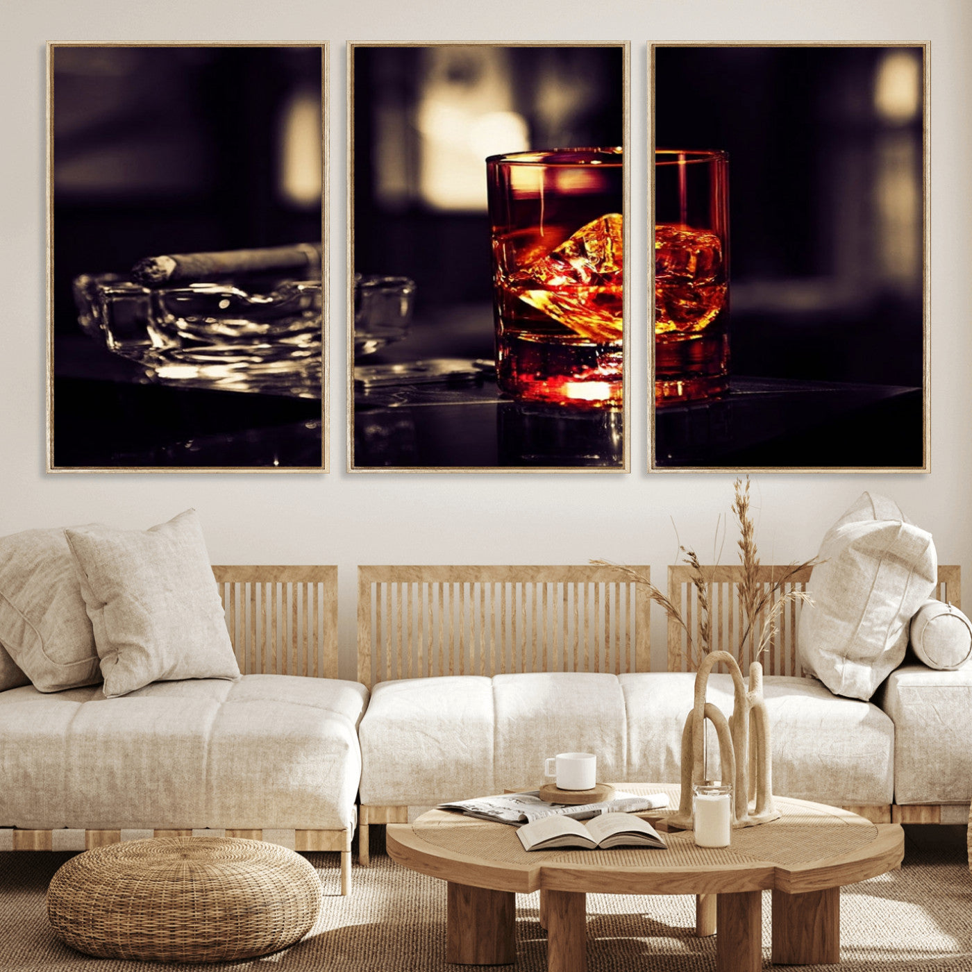 MGV-FC-60X30-3P - Whiskey and Cigar Canvas – Luxurious Wall Art for Home or Bar – Glass and Cigar Scene Print Canvas