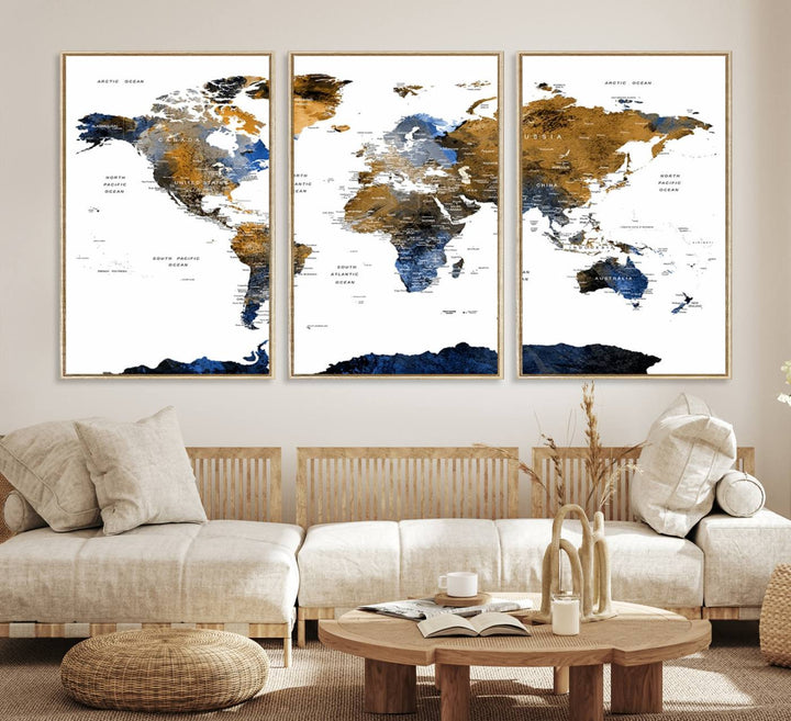 The Triptych Modern World Map Canvas in blue and brown is an ideal global decor piece for enhancing living rooms or offices. It comes ready to hang.