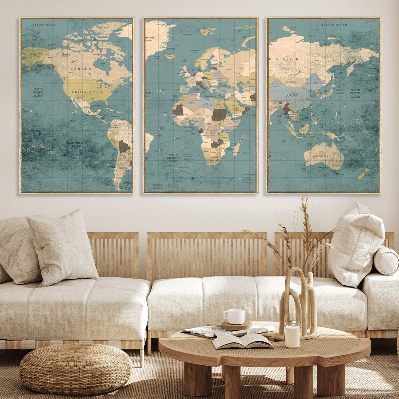 MGV-FC-60X30-3P - Classic World Map Wall Art Canvas Print, Framed Retro Map Art Picture Print, Vintage Atlas Perfect Rustic Explorer Decor Artwork