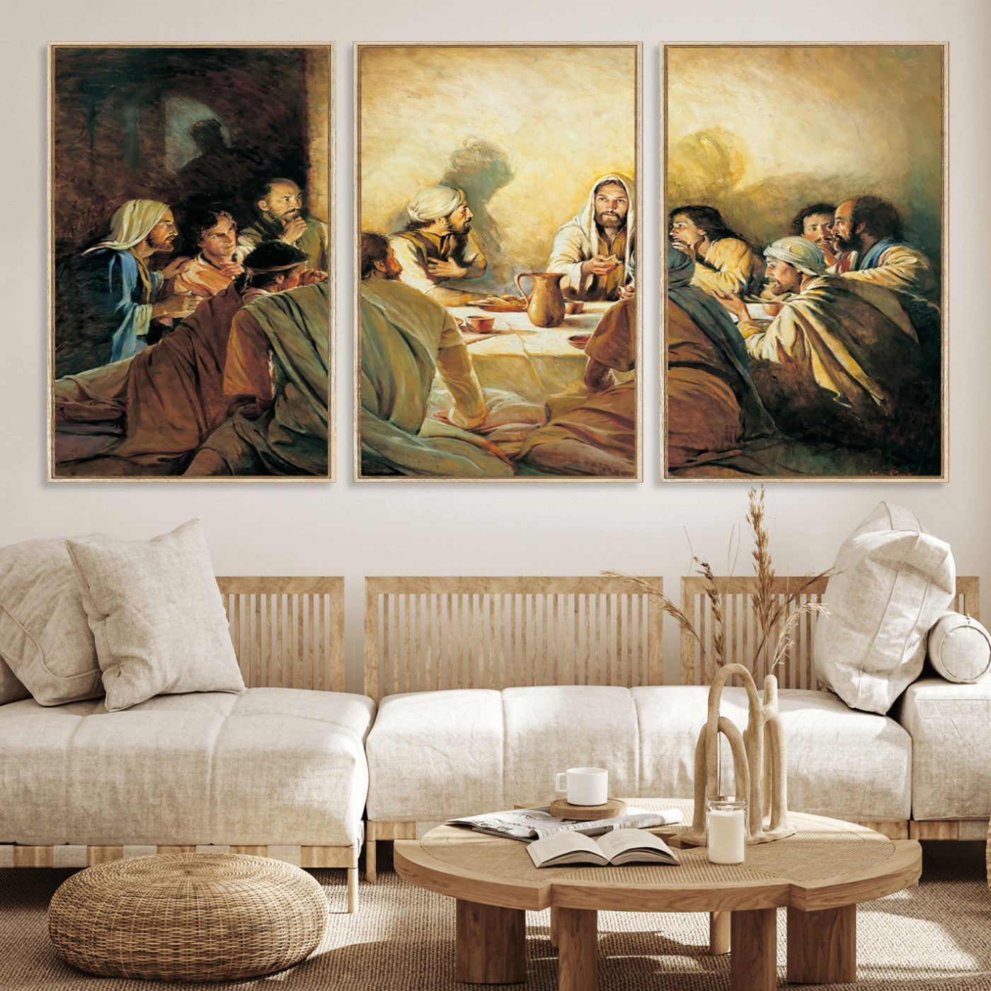 Framed canvas print of the Last Supper, depicting Jesus and his disciples, perfect for religious or Christian-themed home decor.
