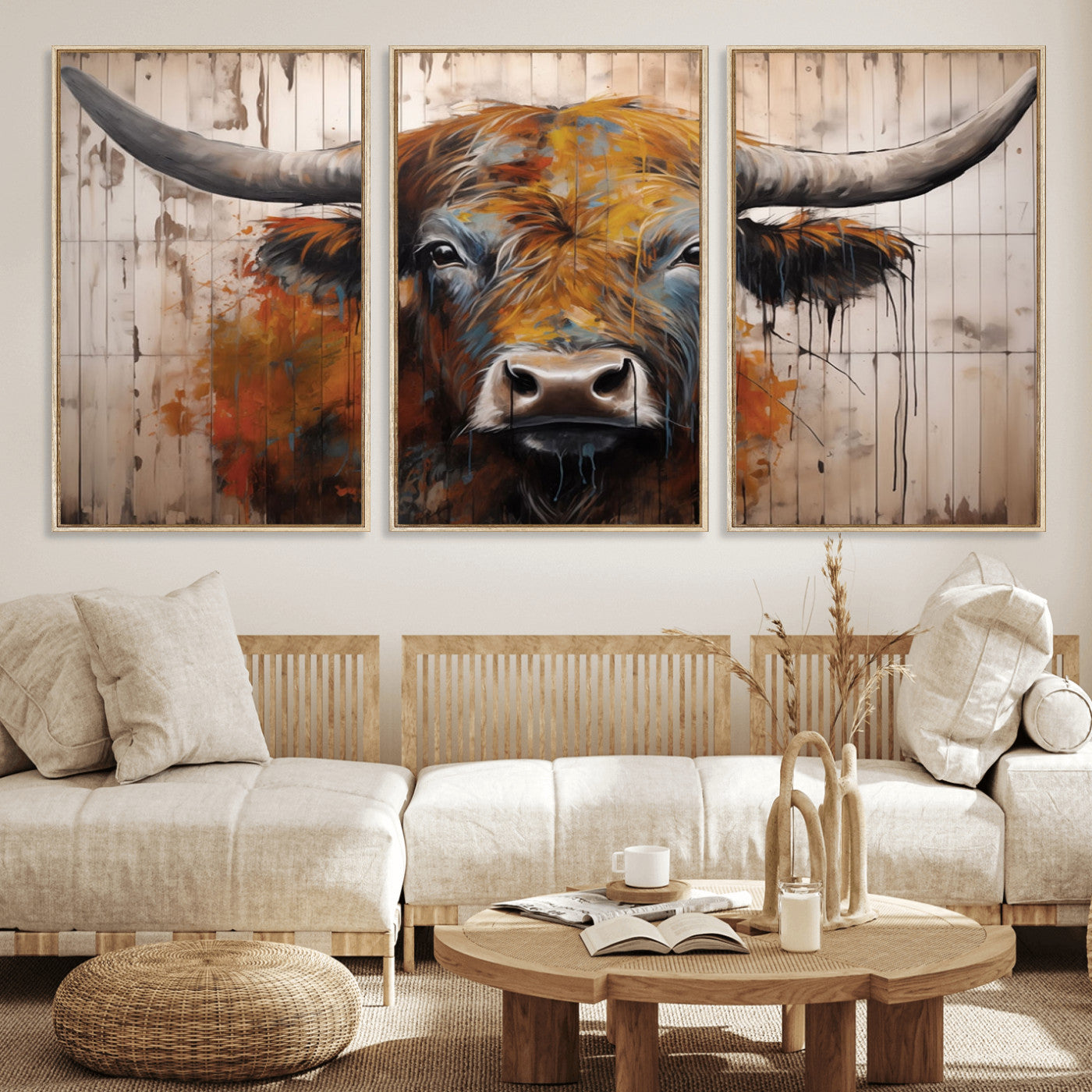 MGV-FC-60X30-3P - Scottish Highland Cow Cattle Art Print on Wood Style Background