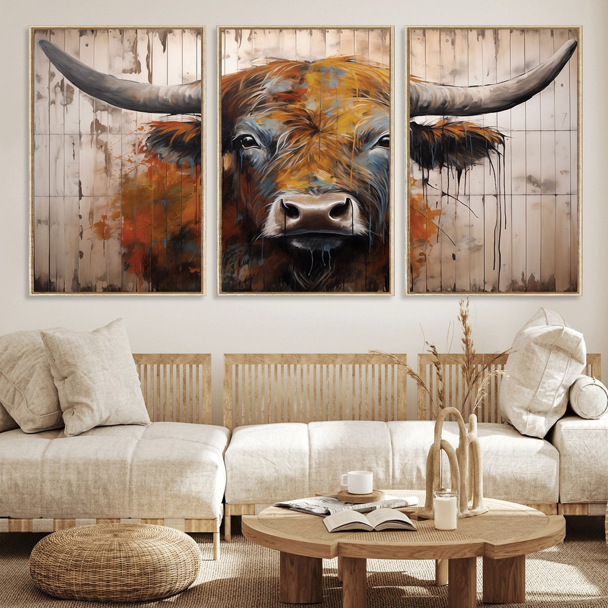 47284-MGV-CV-24X16 - Abstract Bull Highland Cow Canvas Wall Art Print
