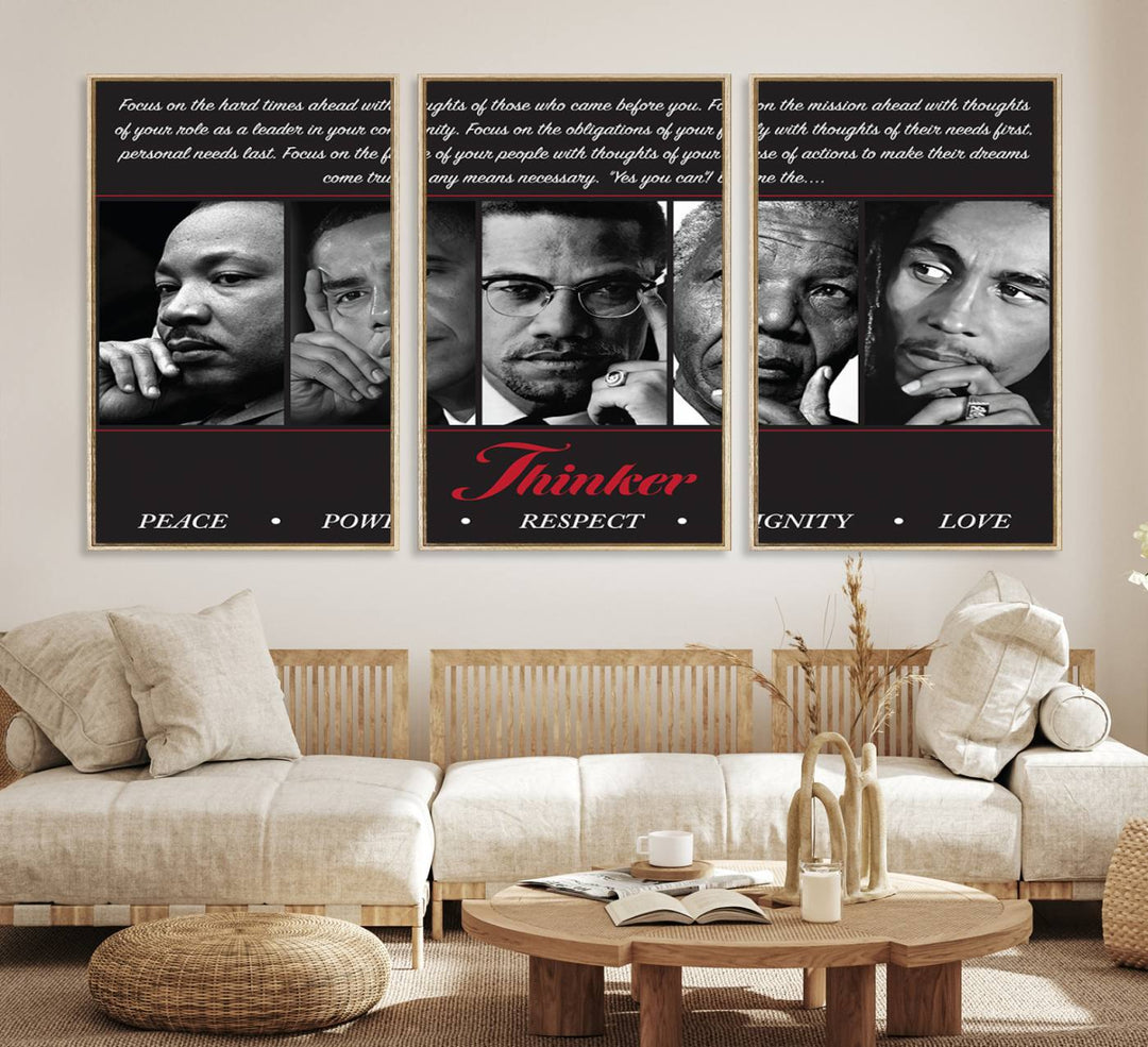 The Thinker Quintet Canvas Wall Art features portraits of Martin, Obama, Malcolm X, Mandela, and Marley, each representing virtues such as Peace and Power.