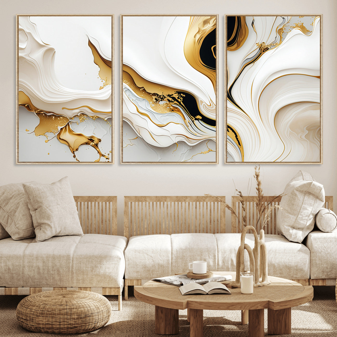 -Gold Waves on Pure White Canvas – Gold Abstract Art for Modern Interiors | Wall Art Canvas, Framed &