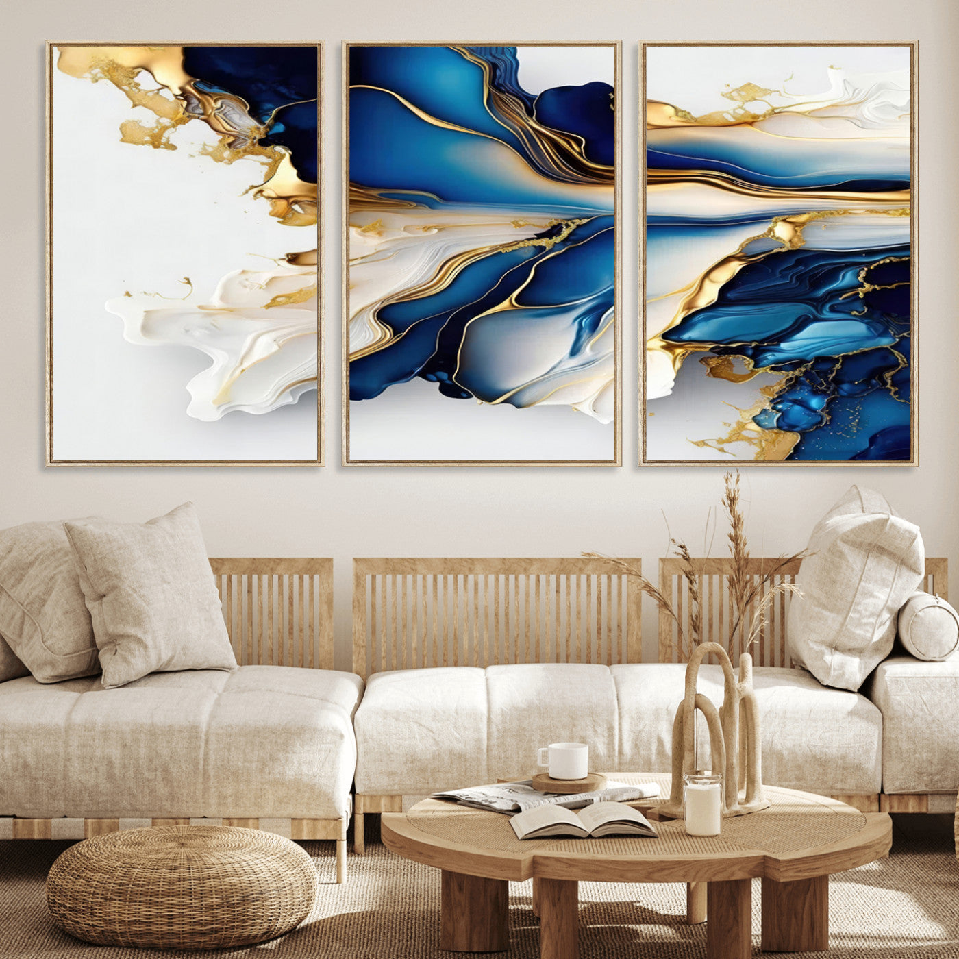 MGV-FC-60X30-3P - Gold Marble Art - Abstract Geode Gold And Blue Marble Shape 3 Pieces Wall Art Canvas Print