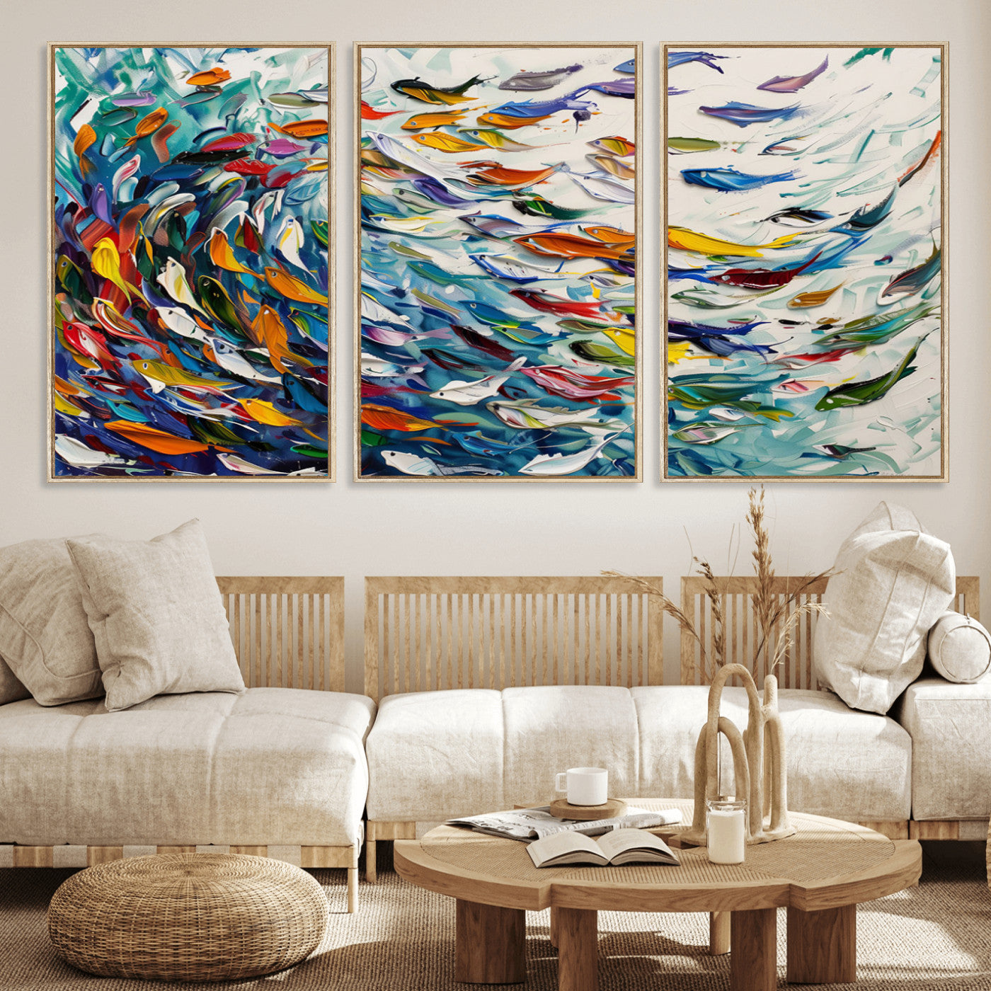 MGV-FC-60X30-3P - Modern Abstract Fish Shoal Wall Art Canvas Print, Colorful Fish Herd Painting on Canvas Print, Ocean