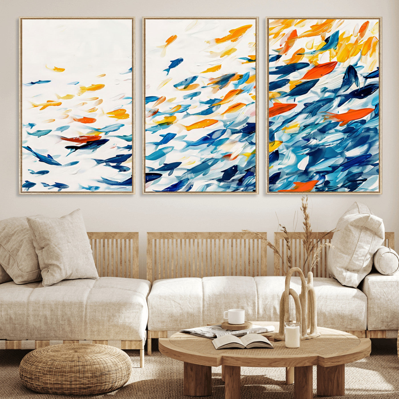 MGV-FC-60X30-3P - Abstract Fish Shoal Wall Art Canvas Print, Colorful Fish Herd Painting on Canvas Print, Ocean Animal