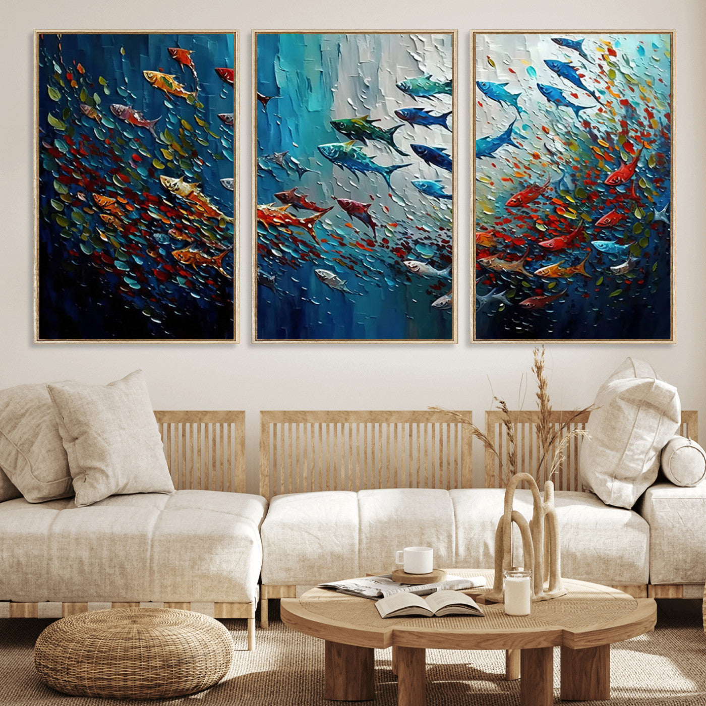 MGV-FC-60X30-3P - Modern Abstract Fish Shoal Wall Art Canvas Print, Colorful Fish Herd Painting on Canvas Print, Ocean