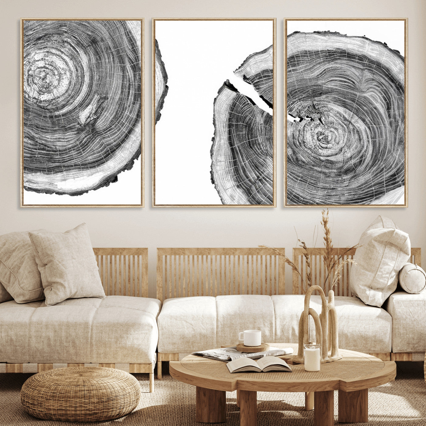 MGV-FC-60X30-3P - Modern Black and White Tree Rings Canvas Wall Art – Nature Inspired Wood Slice Print – Minimalist