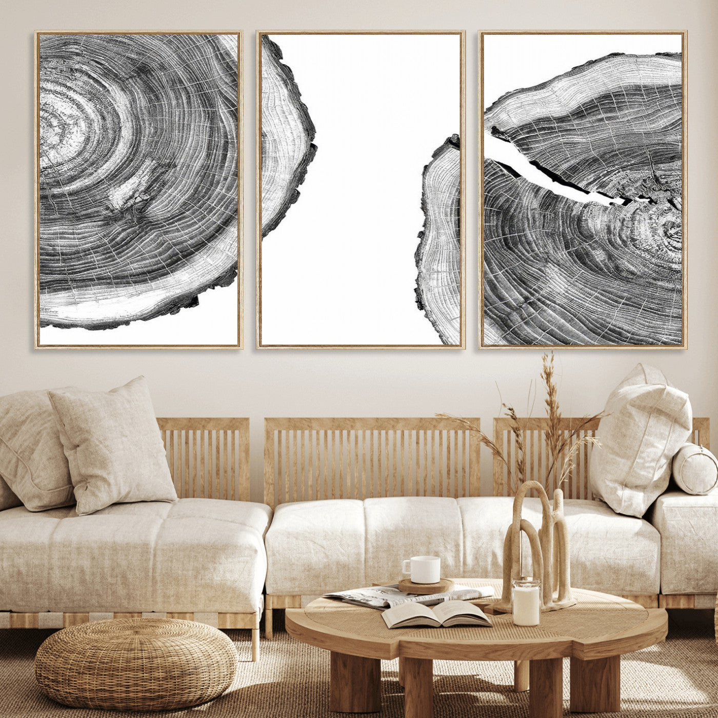 MGV-FC-60X30-3P - Abstract Large Tree Rings – Minimalist Black and White Wood Art | Triptych Canvas, Modern Wall Decor