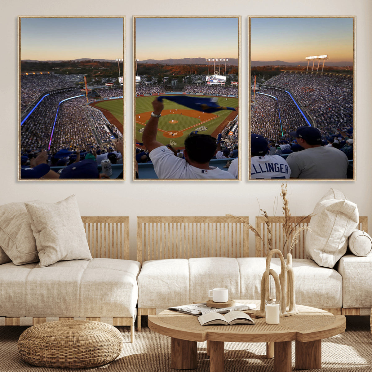 60162-MGV-CV-36X24 - Dodger Stadium Sunset Game Triple Canvas Wall Art, Los Angeles Dodgers MLB Match