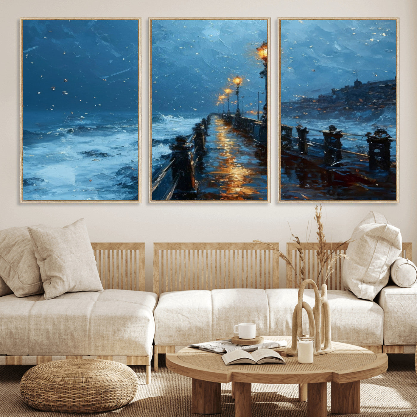 MGV-FC-60X30-3P - Stormy Night at Beach Pier Oil Painting Large Wall Art Print, Framed Canvas Nature Wall Decor,