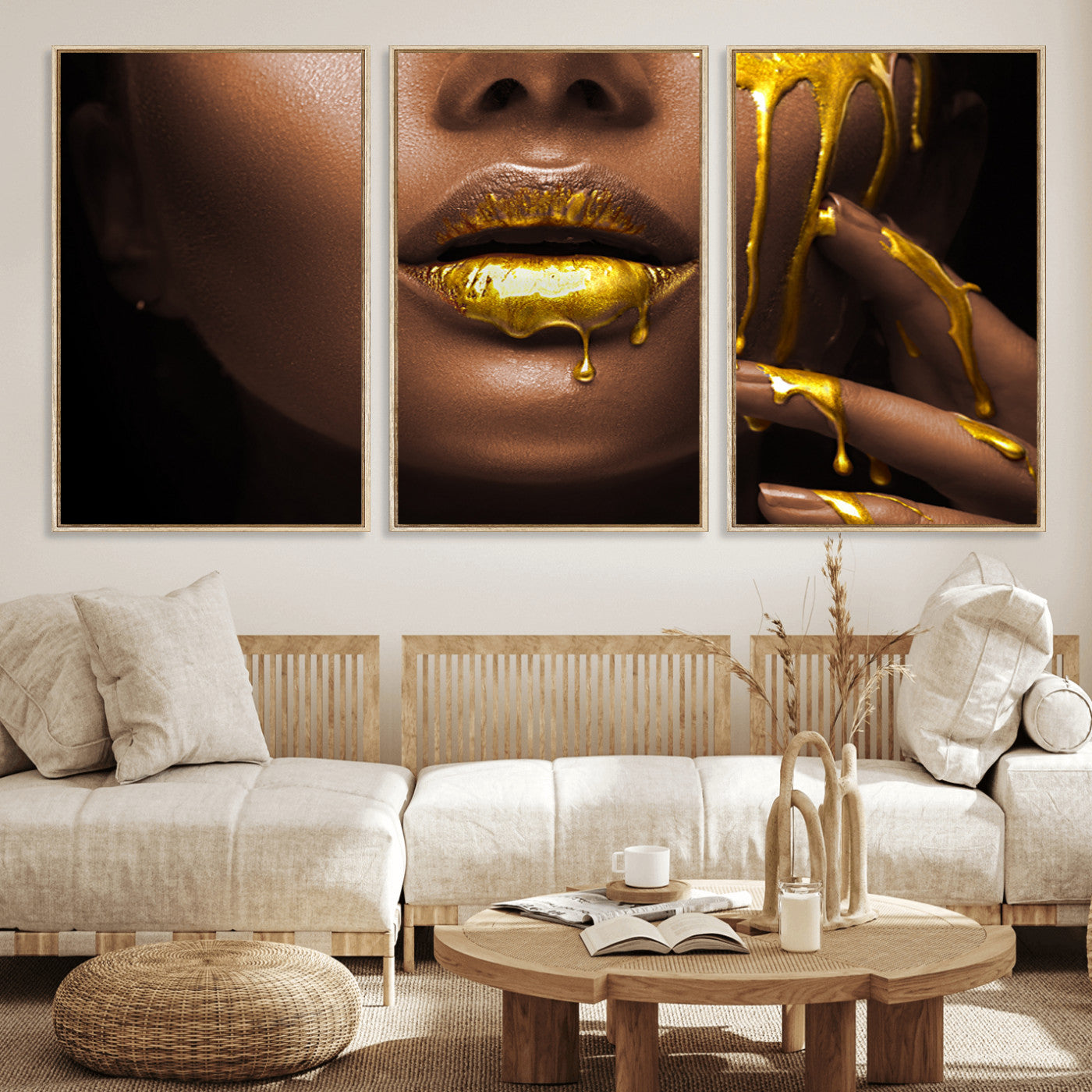 MGV-FC-60X30-3P - African American Art Black Woman Canvas Print, African Wall Art, Fashion African Woman Gold Lips
