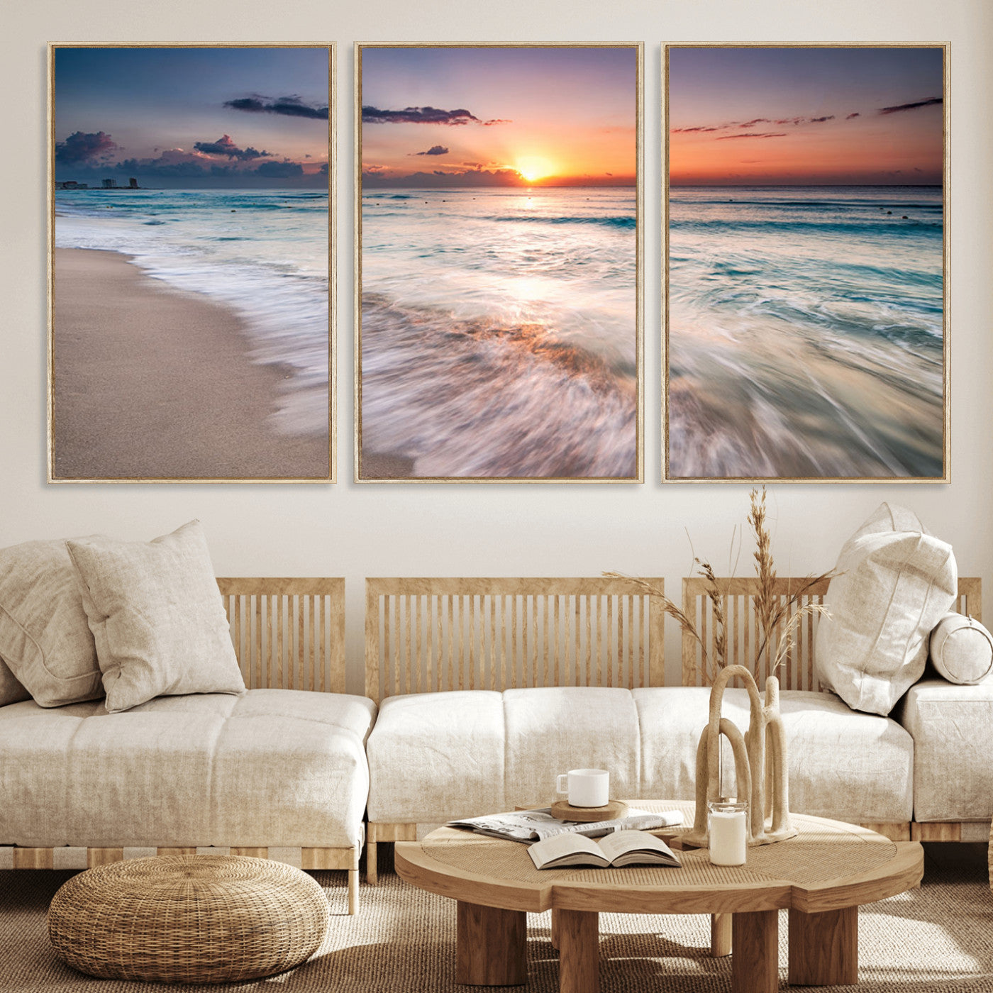 MGV-FC-60X30-3P - Sunset Beach Wall Art – Soothing Coastal Landscape, Ready to Hang for Tranquil Home Decor