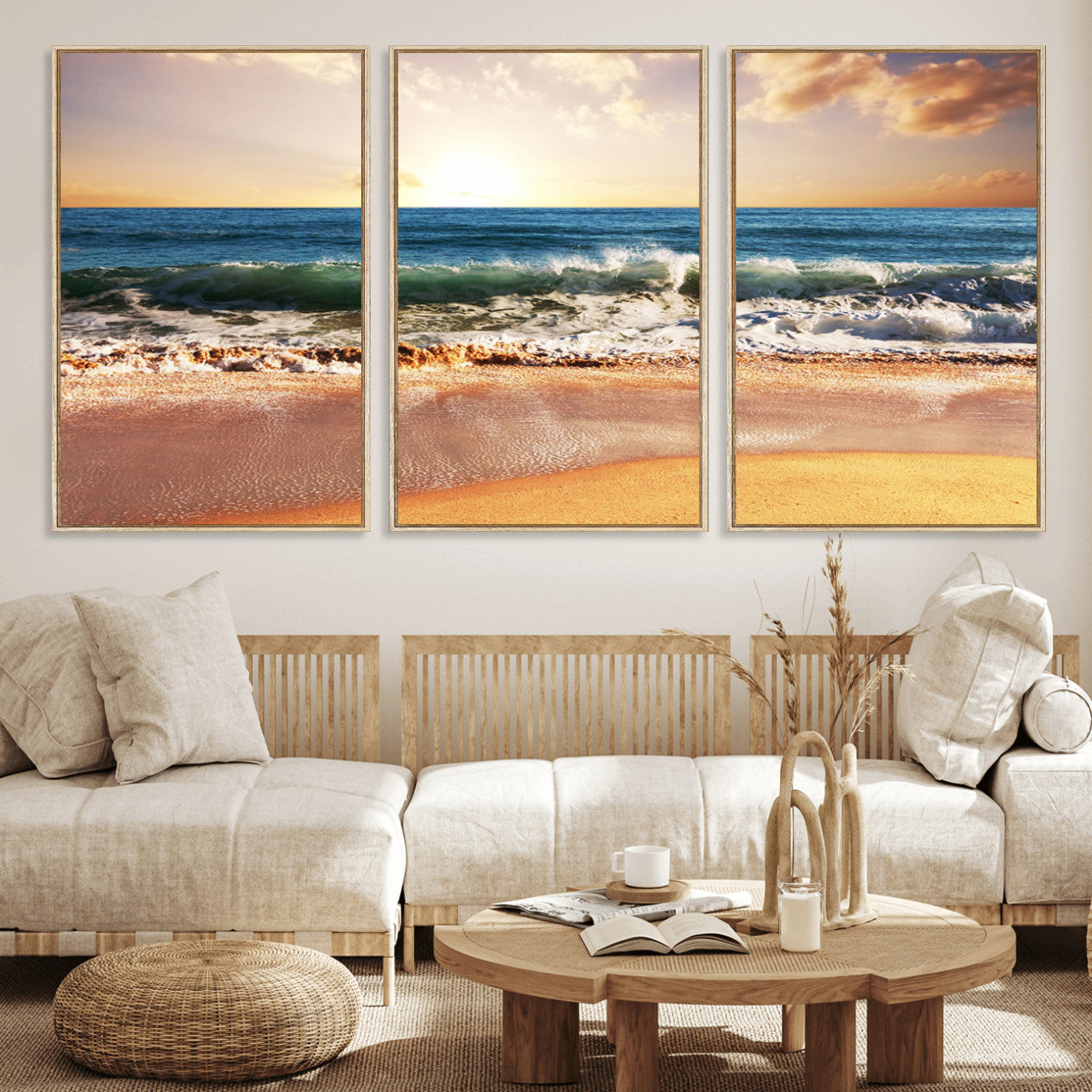 MGV-FC-60X30-3P - Sunset Beach Wall Art - 3-Panel Framed Canvas Print, Ready to Hang Ocean Sunset for Coastal and