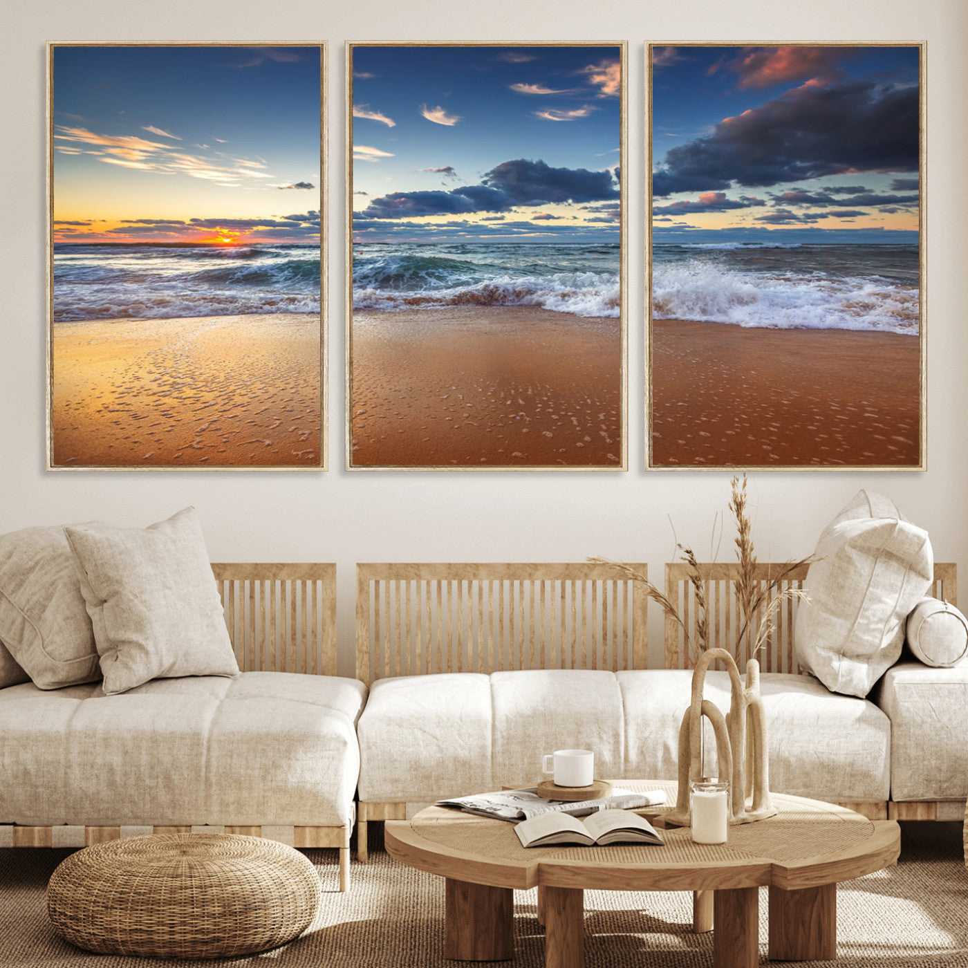 MGV-FC-60X30-3P - Beach Canvas Wall Art - Coastal Seascape Print for Living Room or Bedroom, Ocean Waves on Sand,