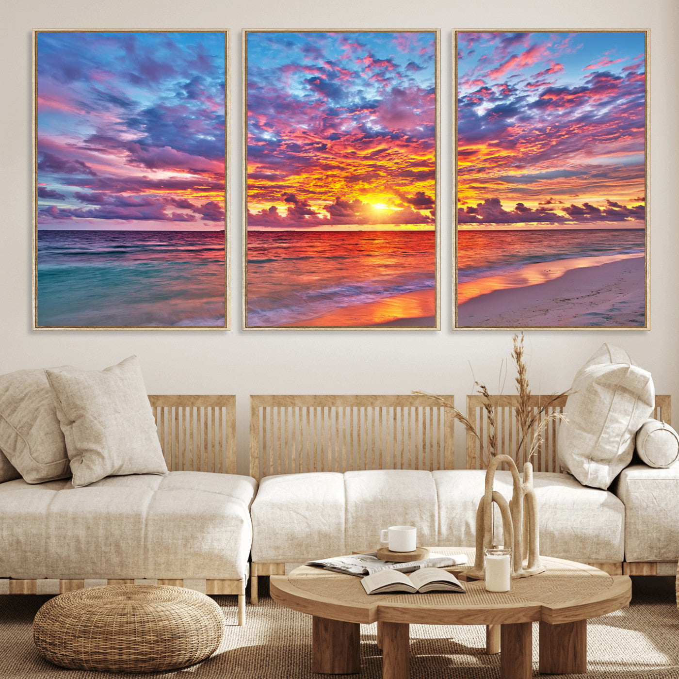 MGV-FC-60X30-3P - Vibrant Sunset Beach Wall Art - Ocean Sunset Canvas Print | Coastal Wall Art Decor Stunning Sunset