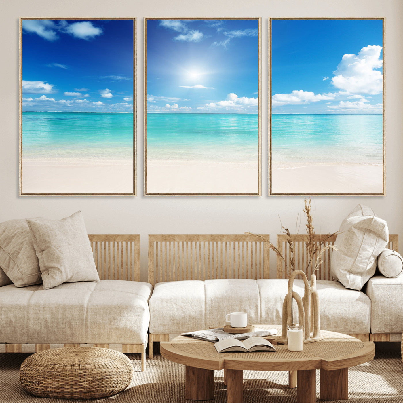MGV-FC-60X30-3P - Blue Ocean Wall Art Canvas Print - Tranquil Ocean Paradise Triptych Wall Art - Ready to Hang Beach