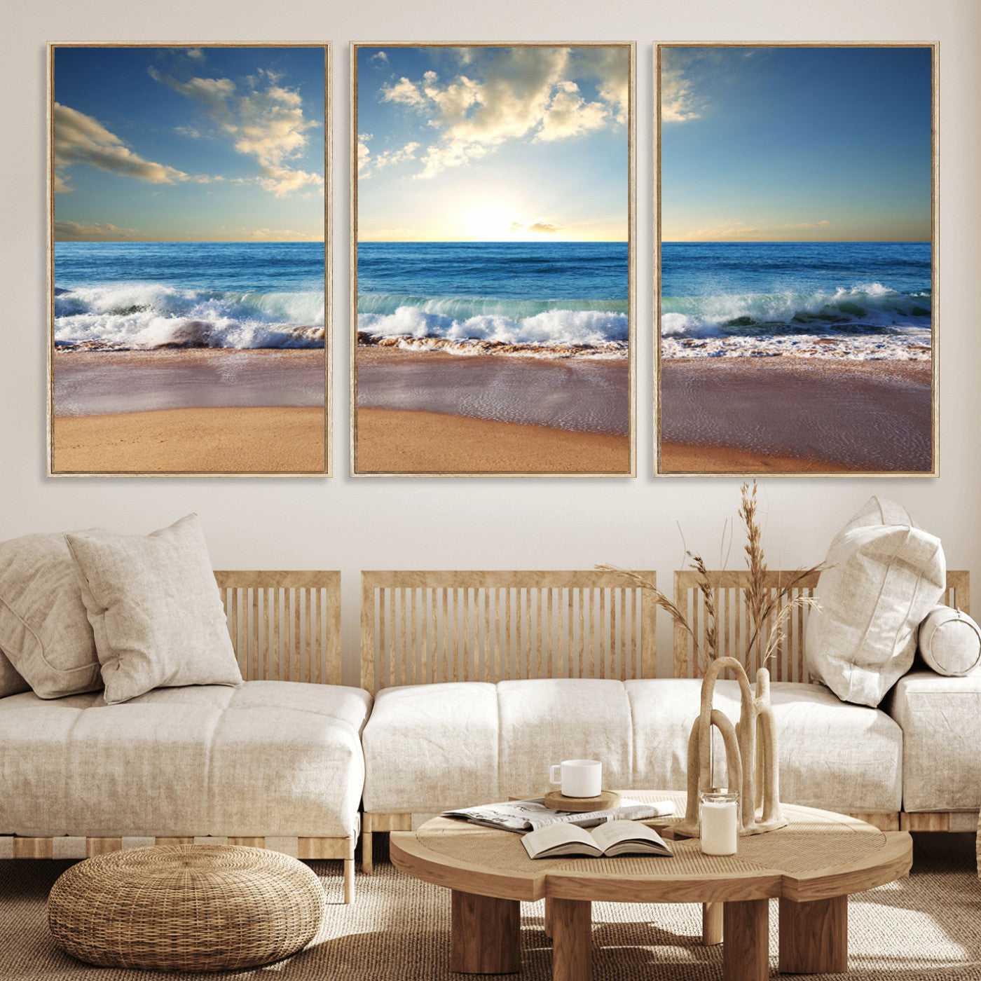 MGV-FC-60X30-3P - Serene Ocean Sunset Canvas Wall Art - Beach Waves at Sunset, Ready to Hang