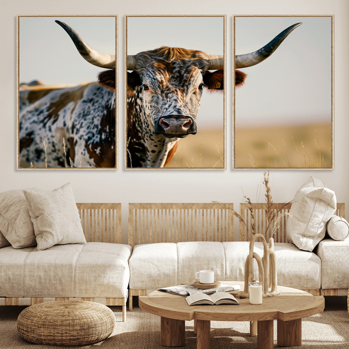 MGV-FC-60X30-3P - Texas Bull Longhorn Wall Art Canvas Print for Farm House Wall Decor, Farmhouse Wall Art Print
