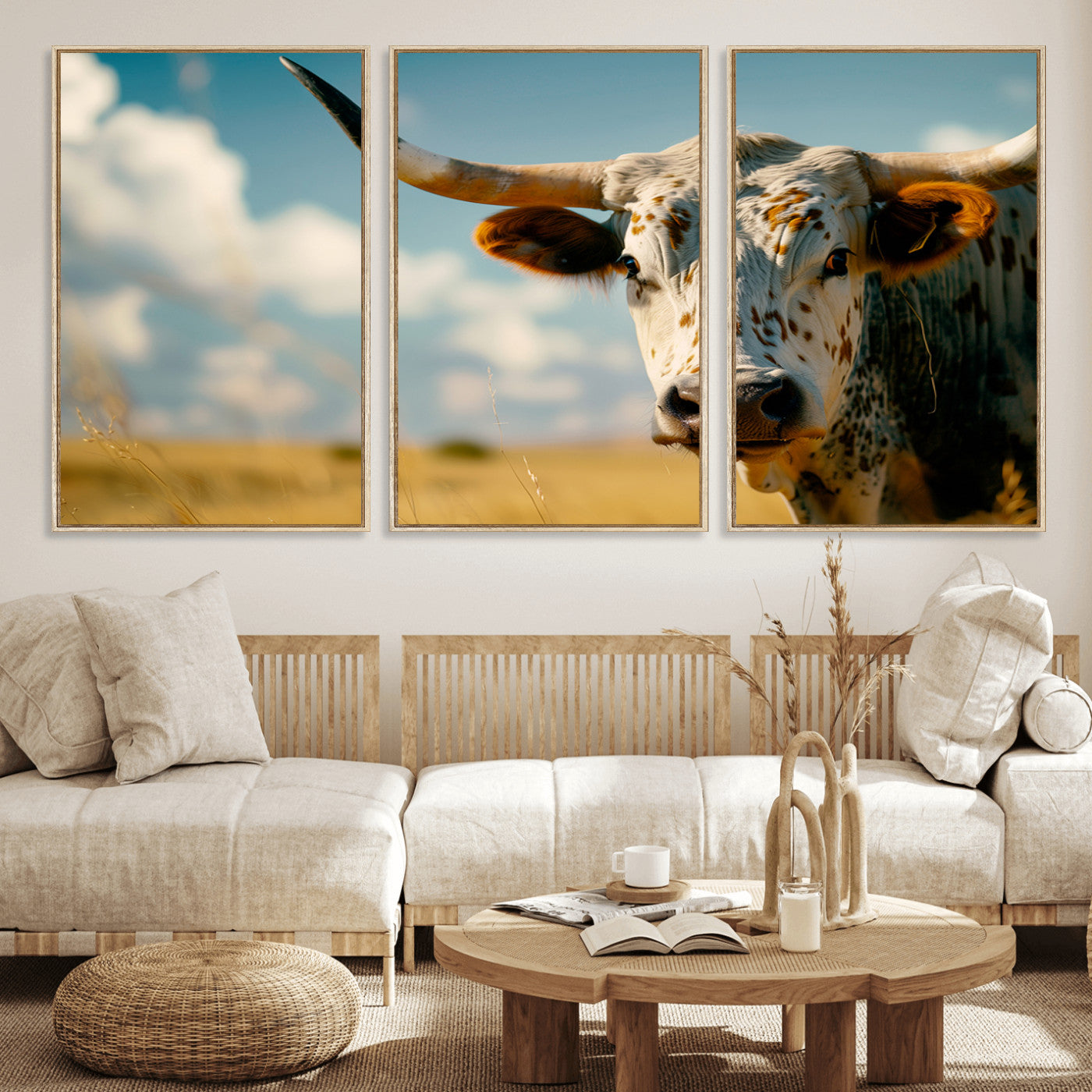 MGV-FC-60X30-3P - Longhorn in the Prairie - Stunning Ranch-Style Triptych Wall Art for Western Home Decor, Cowboy Wall