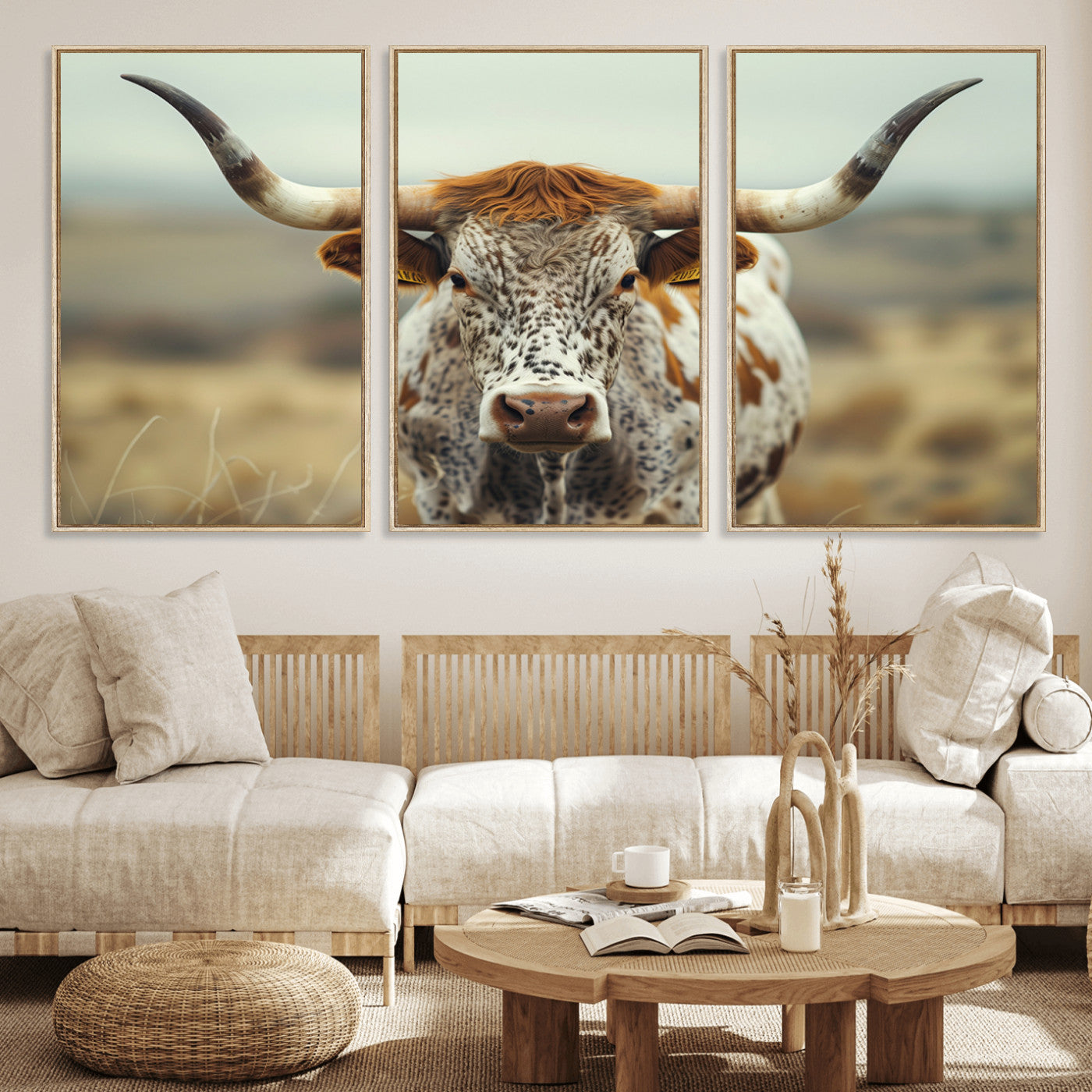MGV-FC-60X30-3P - Texas Cow Longhorn Wall Art Canvas Print for Farm House Wall Decor, Farmhouse Wall Art Print
