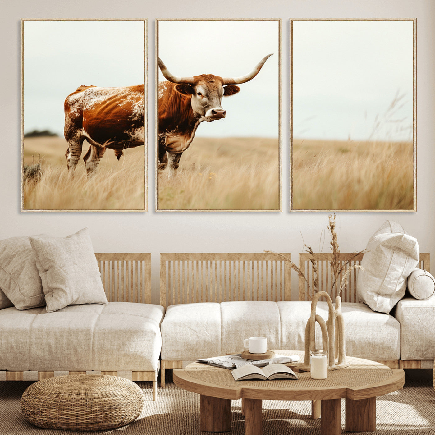 MGV-FC-60X30-3P - Texas Longhorn Canvas Wall Art Print – Majestic Western Cattle in Rustic Farmhouse Decor – Cow Wall